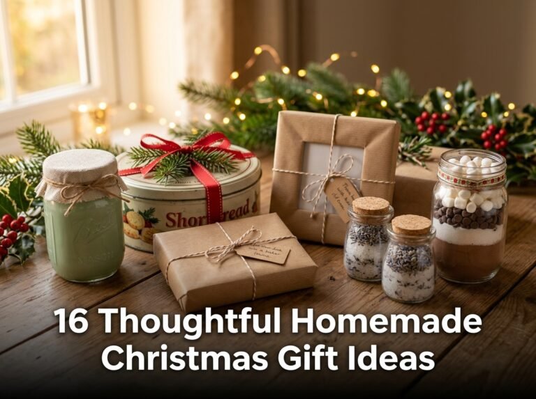 A festive arrangement of DIY holiday presents including a handmade soy candle, layered hot chocolate jars, and a knitted scarf on a rustic wood surface
