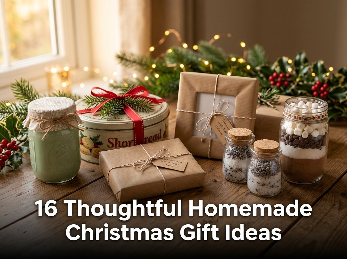 A festive arrangement of DIY holiday presents including a handmade soy candle, layered hot chocolate jars, and a knitted scarf on a rustic wood surface