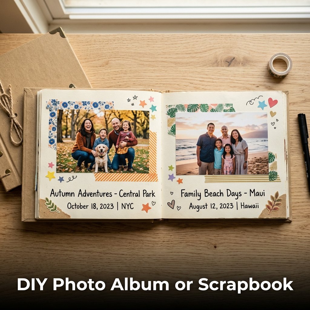 A personalized photo scrapbook with a kraft cover, featuring printed family photos and handwritten captions