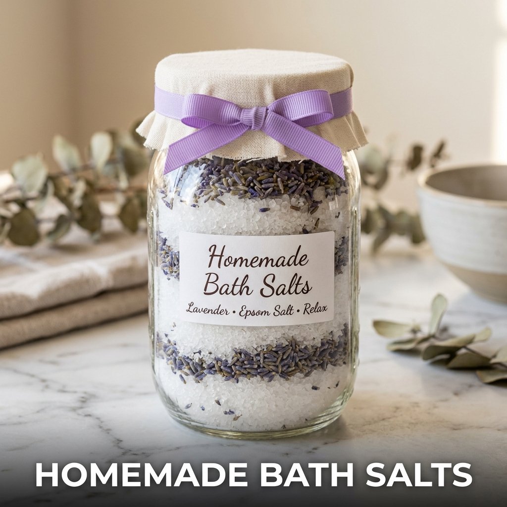 A wide-mouth glass jar filled with layered purple and white bath salts mixed with dried lavender buds