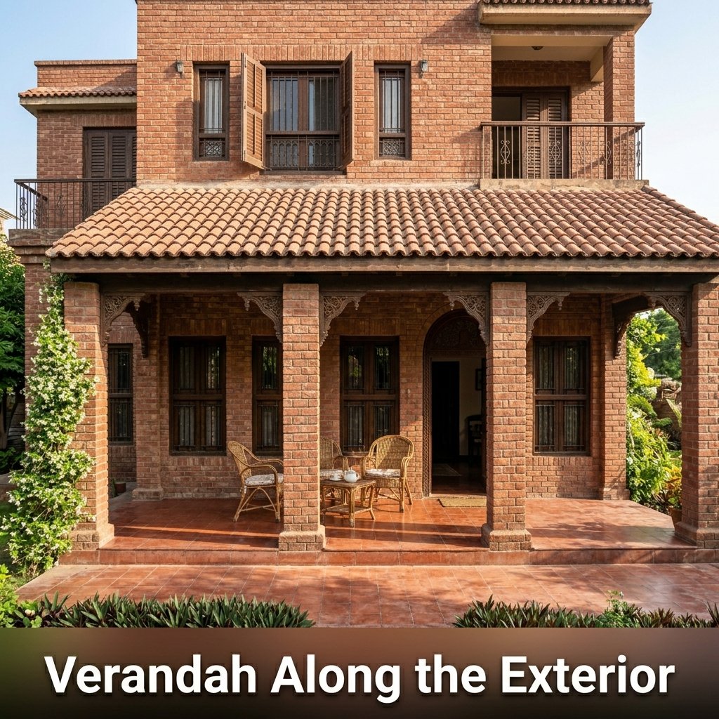 A wide, deep front porch verandah with solid brick piers supporting a sloped clay tile roof, casting a deep shadow over the large windows behind it.