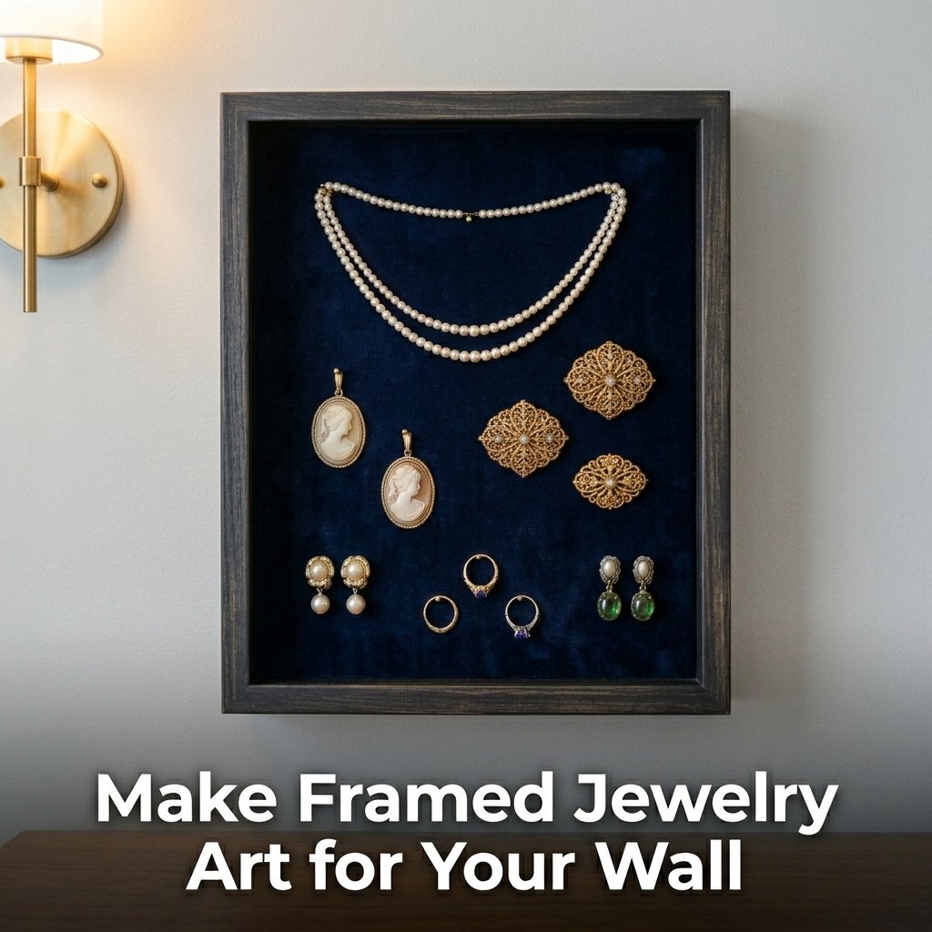 A dark navy velvet shadow box frame displaying an artistic arrangement of colorful vintage brooches and pearl necklaces