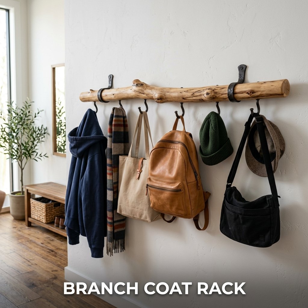 A smooth, sanded maple tree branch mounted horizontally onto a white wall, featuring six evenly spaced dark metal screw hooks holding jackets