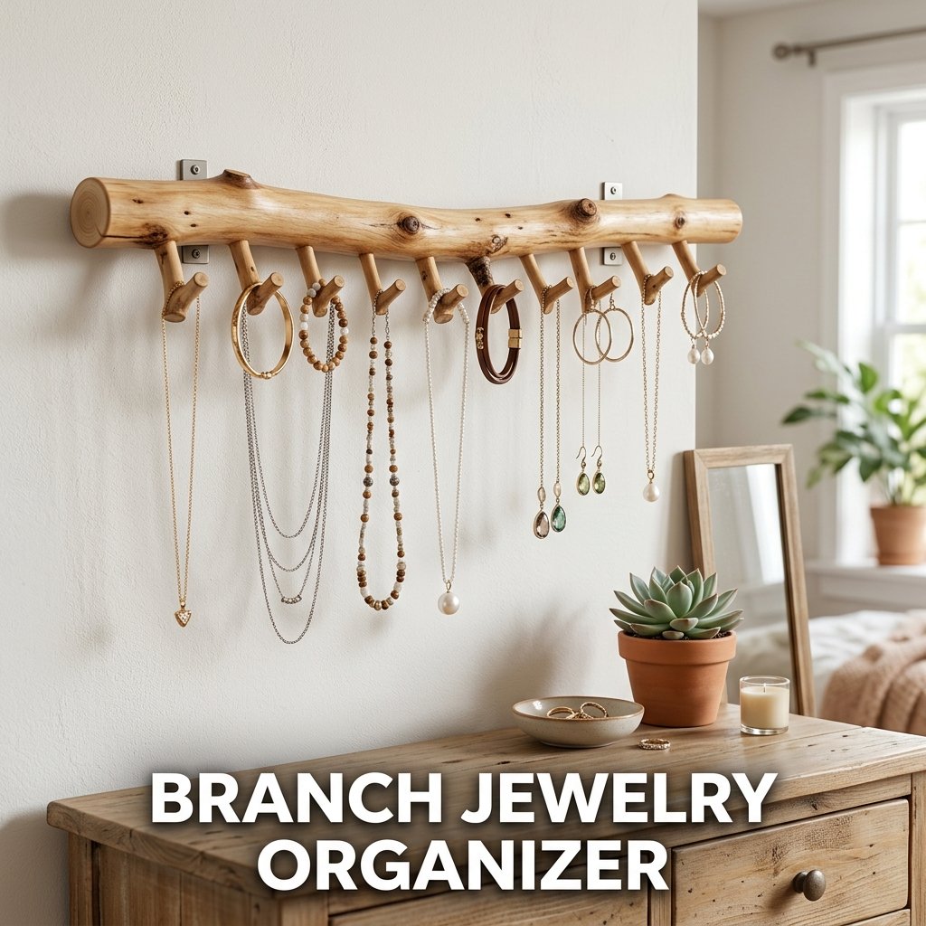 A delicate wall-mounted oak branch using its natural, upward-reaching side twigs to neatly organize and display multiple silver and gold necklaces.