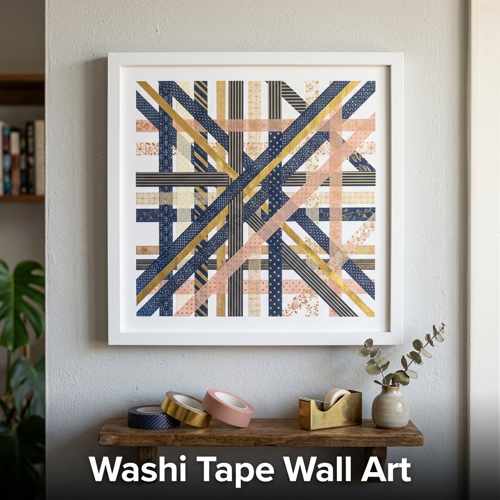A crisp geometric abstract design made from crossing stripes of patterned and metallic gold washi tape on white cardstock
