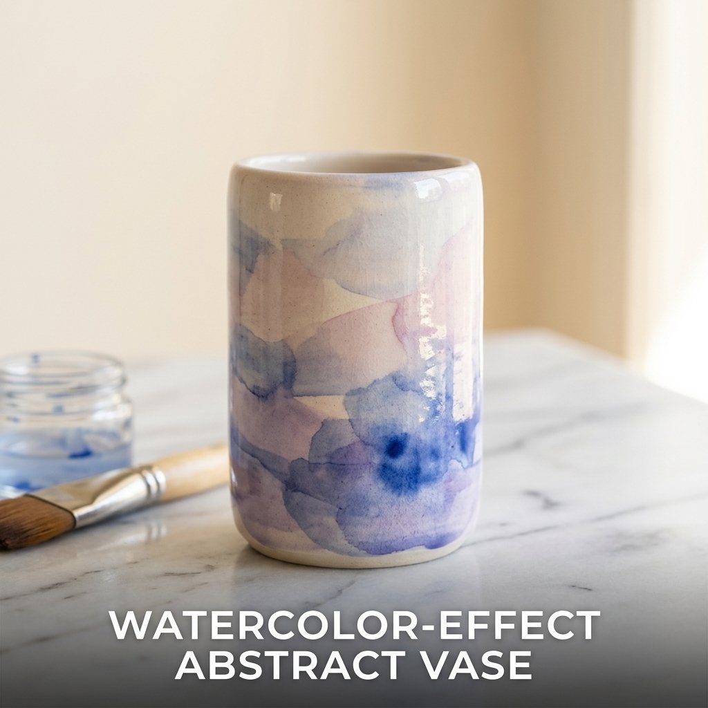 A tall ceramic vase featuring soft, translucent washes of overlapping lavender, pale pink, and cobalt blue paint that blend together smoothly