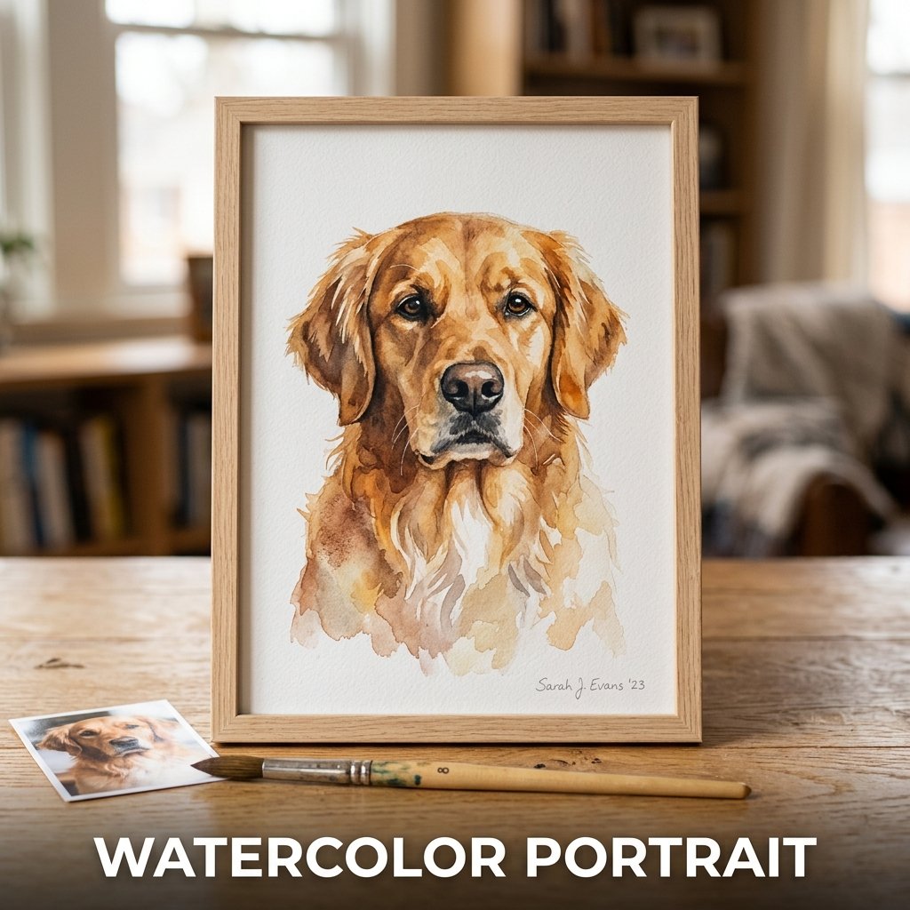 A soft and expressive hand-painted watercolor portrait of a fluffy golden dog on textured white paper