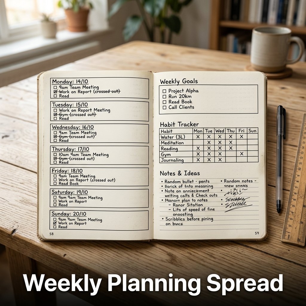 A clean two-page bullet journal layout displaying daily task blocks for the week on the left and a minimalist habit tracker strip on the right