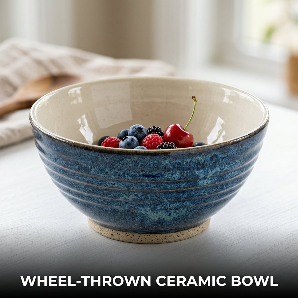 Wheel-thrown ceramic bowl with smooth stoneware finish for home decor