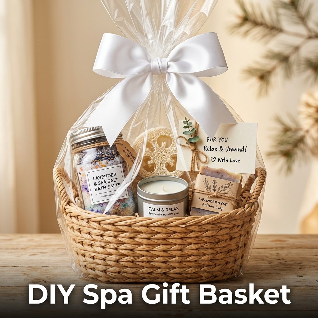 A wicker gift basket overflowing with homemade bath salts, a scented candle, a natural loofah, and a silk ribbon