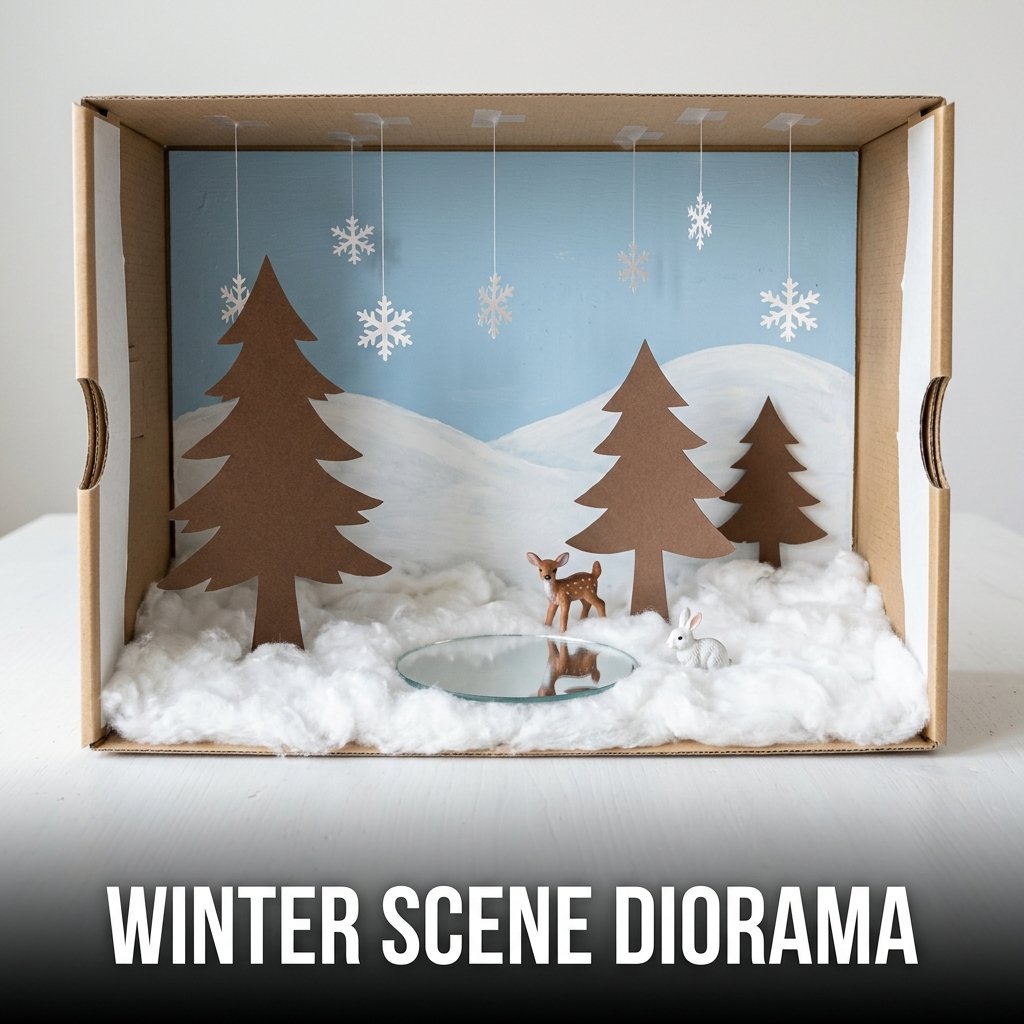 A shoebox turned on its side containing a 3D winter landscape with cotton snow, paper trees, and a mirror pond