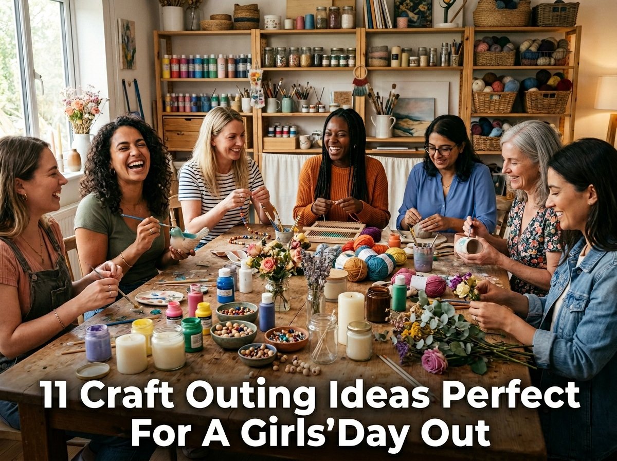 A group of laughing, diverse female friends gathered around a messy rustic table, clinking glasses while painting colorful ceramic bowls together at a bright craft studio.