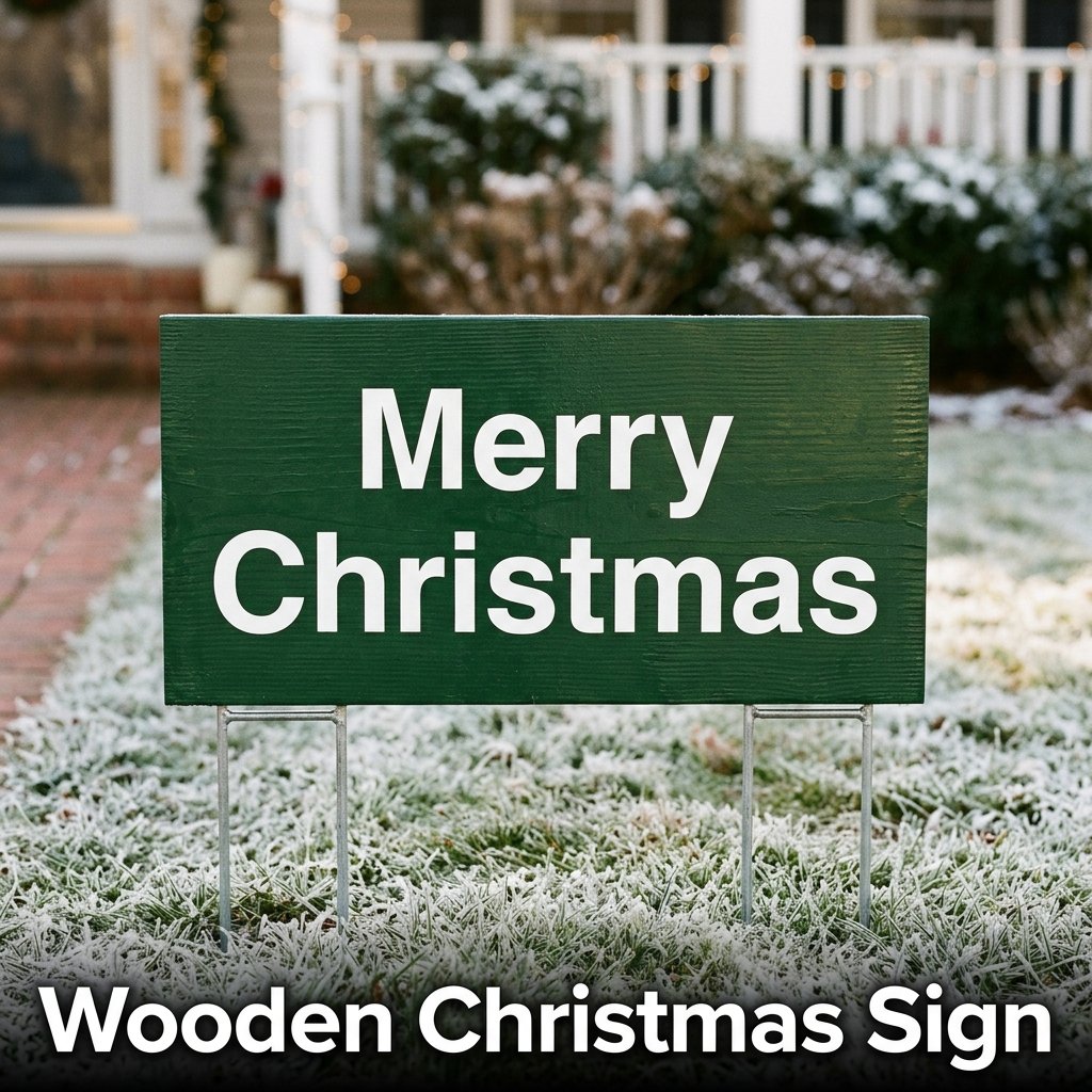 A rustic, dark green painted pine sign with a hand-lettered white "Merry Christmas" greeting, securely mounted on two metal stakes in a snowy lawn