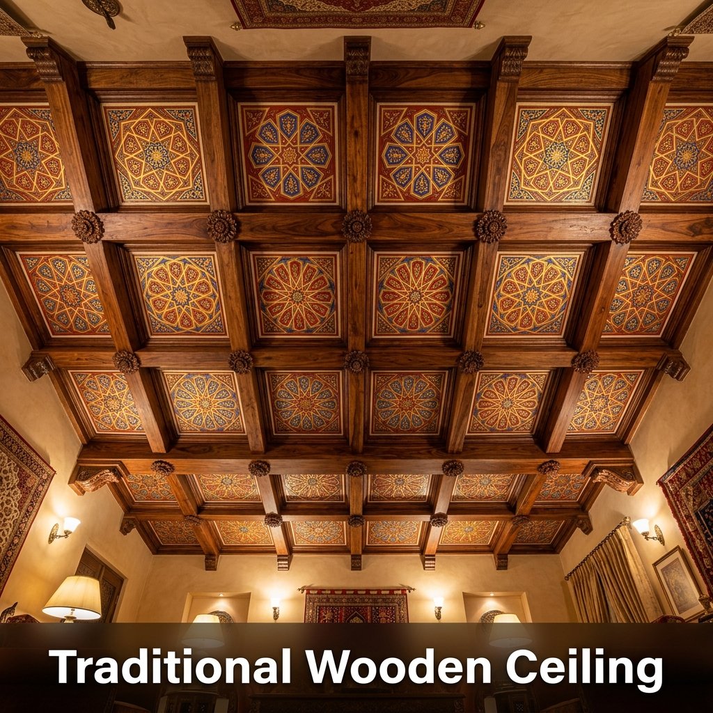 A high, magnificent ceiling built with massive exposed teak wood primary beams holding a grid of smaller square panels painted in red ochre and gold geometric stars
