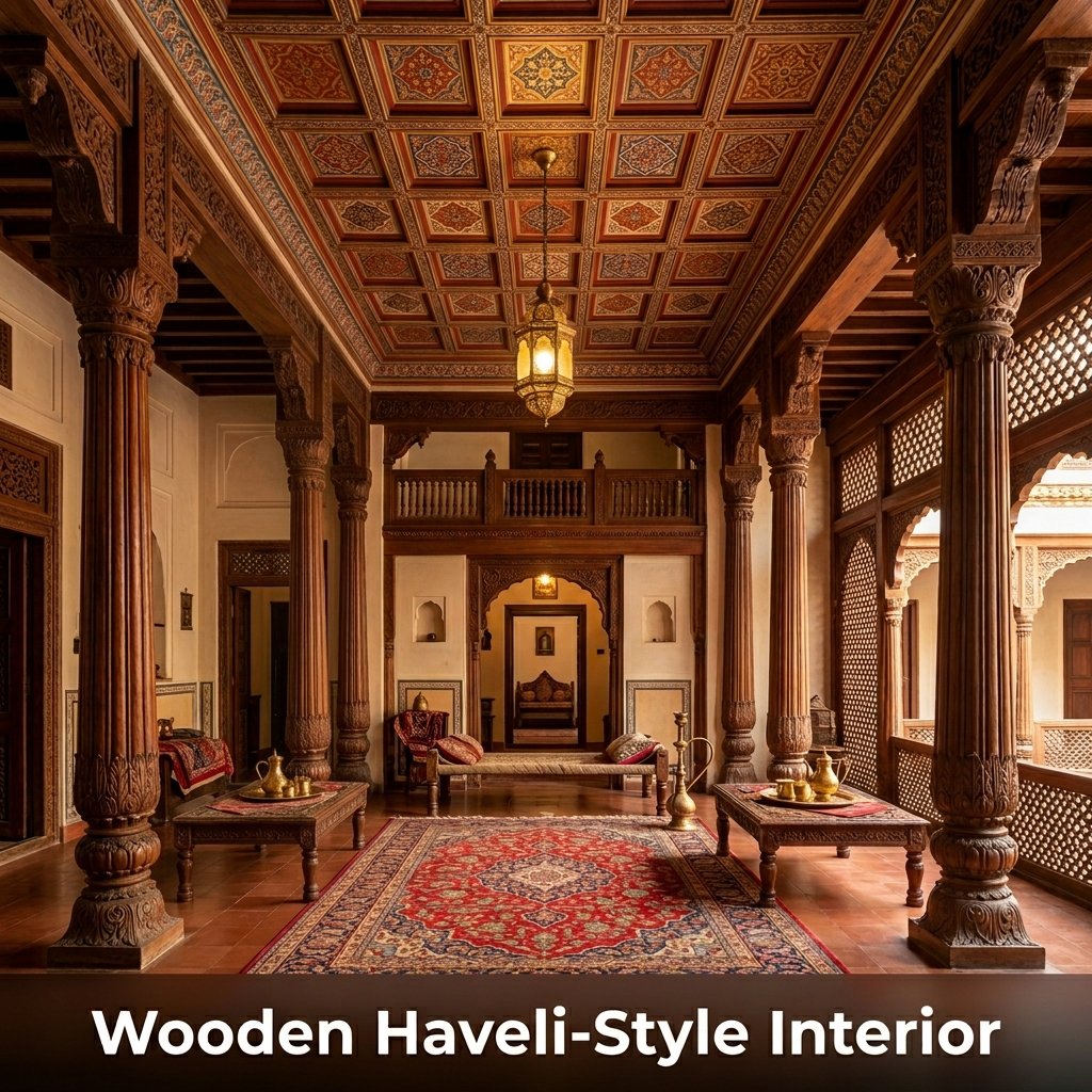 A rich, heritage living room featuring dark, hand-carved wooden structural columns and intricate geometric wooden jaali screens dividing the seating areas