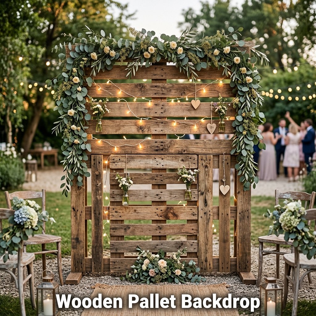A rustic, freestanding wall constructed from weathered wooden shipping pallets, beautifully woven with artificial eucalyptus garlands