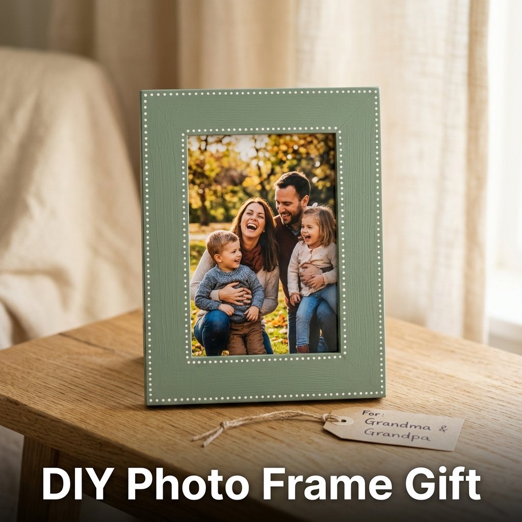 A personalized wooden photo frame painted in a soft matte blue with a centered family photograph