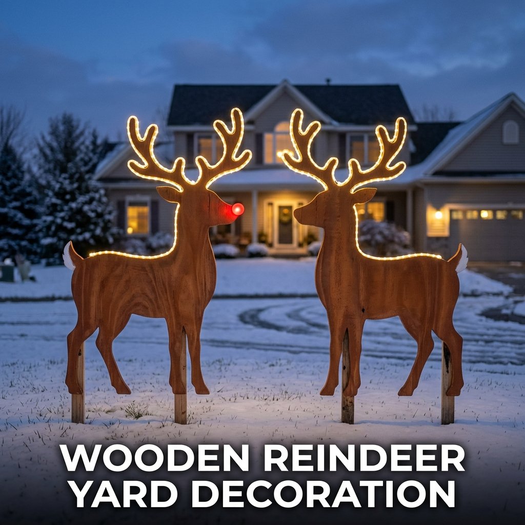 A pair of dark brown plywood reindeer silhouette figures standing in the grass, their antlers outlined in glowing warm micro-LED lights