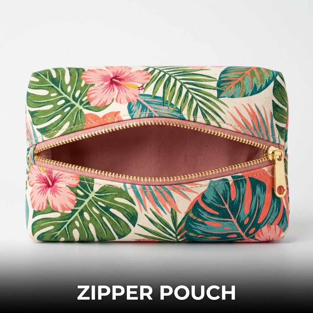 Fabric zipper pouch with compact storage design and handmade accessory details
